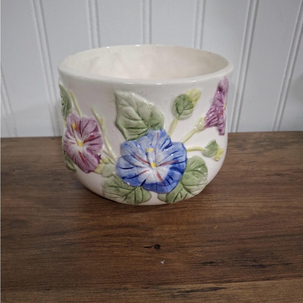 Vintage Napco Morning Glory Flower Planter Round Blue Purple Cottagecore